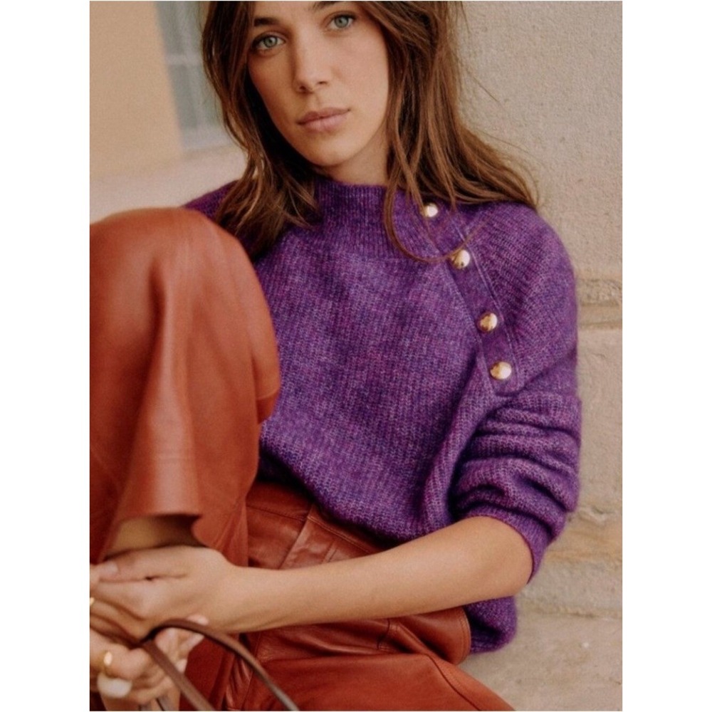 Sezane Trudy Sweater Size XXXL Kid Mohair Merino Wool Button Accent Purple EUC